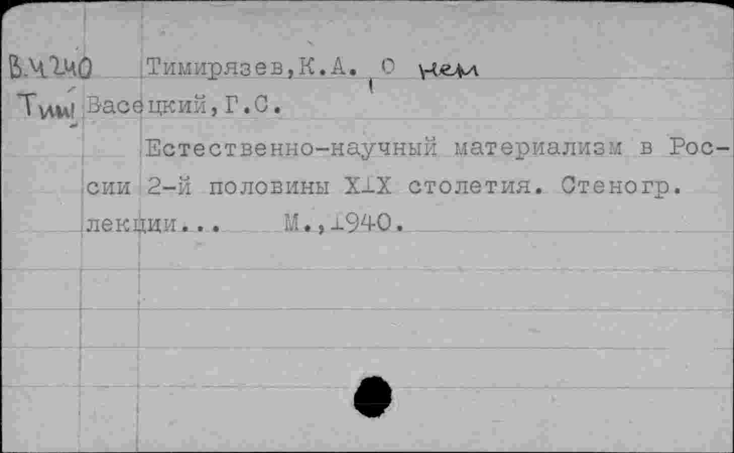 ﻿ЬХХЧО	,Тимирязев,К.А.О
Т\дм1 Эасецкий, Г.С.
Естественно-научный материализм в Рос сии 2-й половины XIX столетия. Стеногр. лекции... М.,х94О.